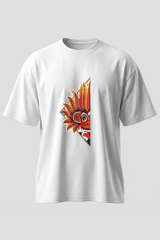 White oversized unisex T-shirt featuring a colourful abstract face-inspired graphic on the front by REYONA.