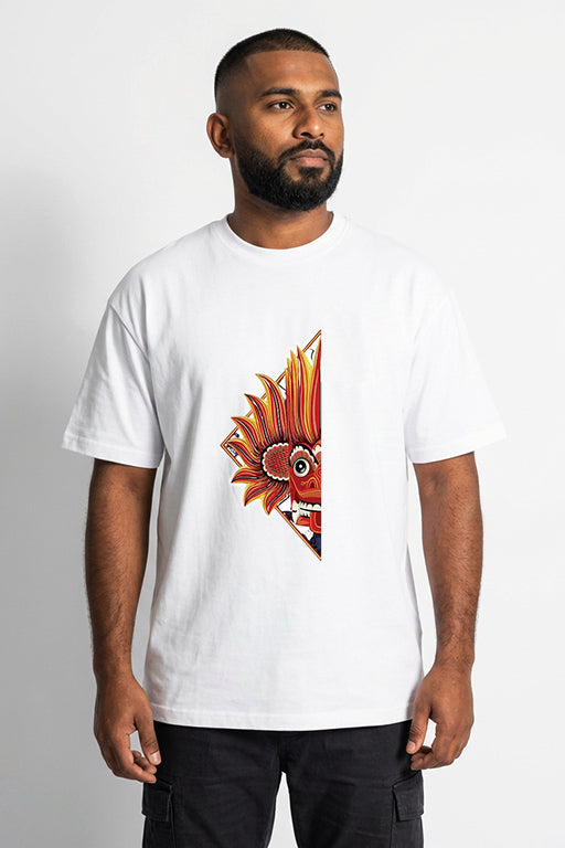 Male model wearing a white oversized graphic T-shirt with colourful abstract artwork by REYONA.