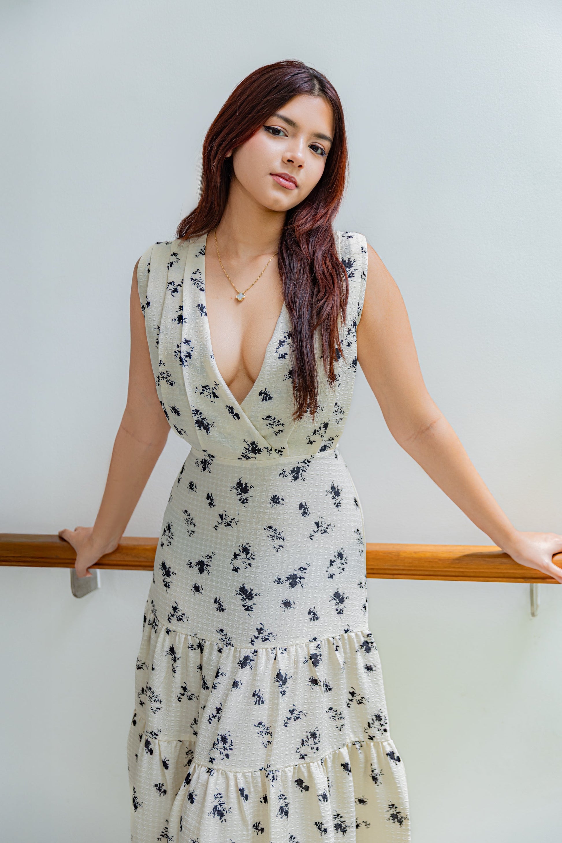 Eden midi dress cream floral sleeveless front view