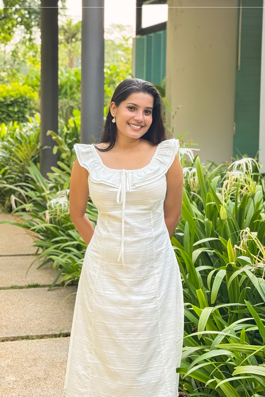 Elise white cotton jacquard midi dress for women RE-0141