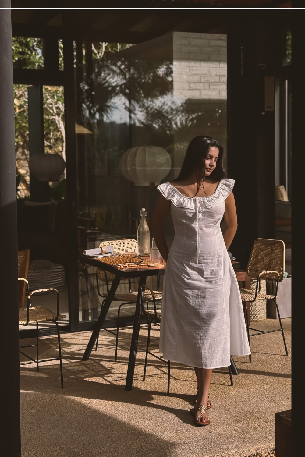 Elise white ruffle midi dress for women RE-0141