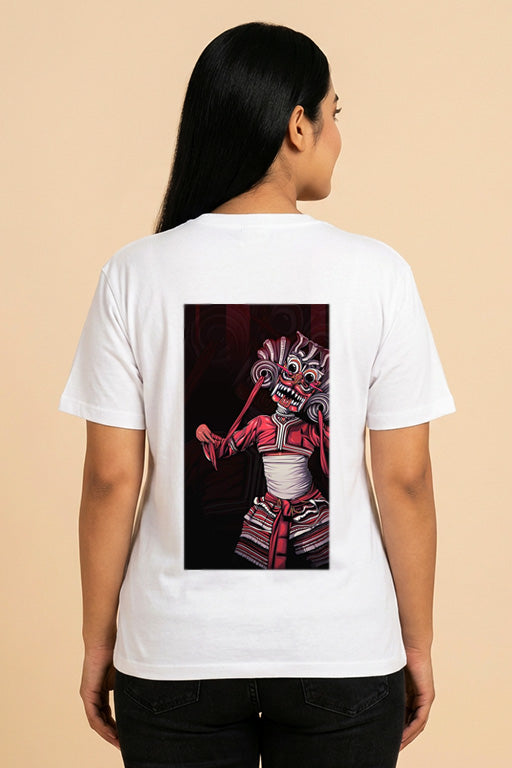Female oversized unisex white graphic T-shirt with large traditional character graphic print on back – RE-0120