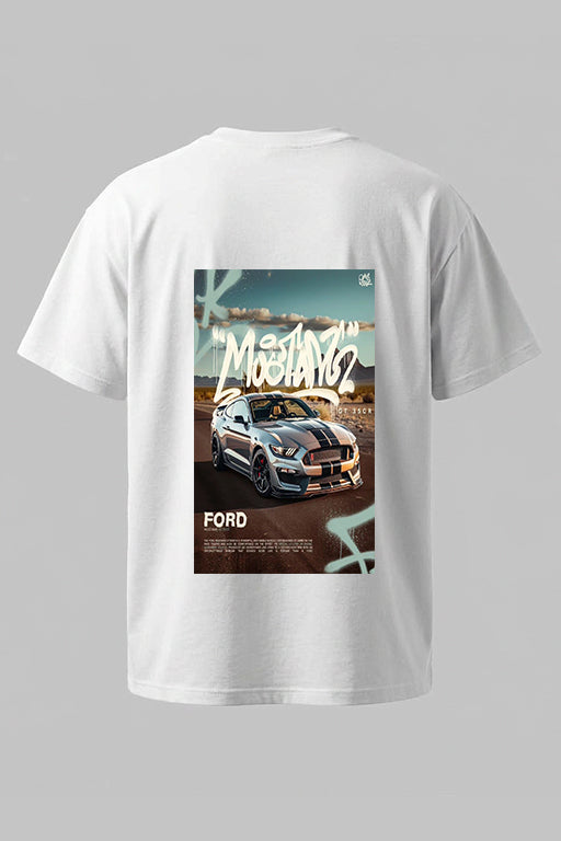 Back view of Ford Mustang graphic oversized unisex T-shirt featuring large automotive artwork by REYONA.