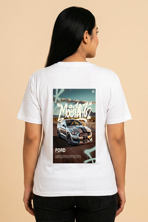 Close-up of Ford Mustang chest graphic on oversized white unisex T-shirt for casual streetwear.