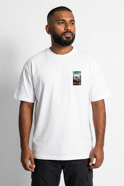 White oversized Ford Mustang graphic T-shirt for men and women styled for casual everyday streetwear.