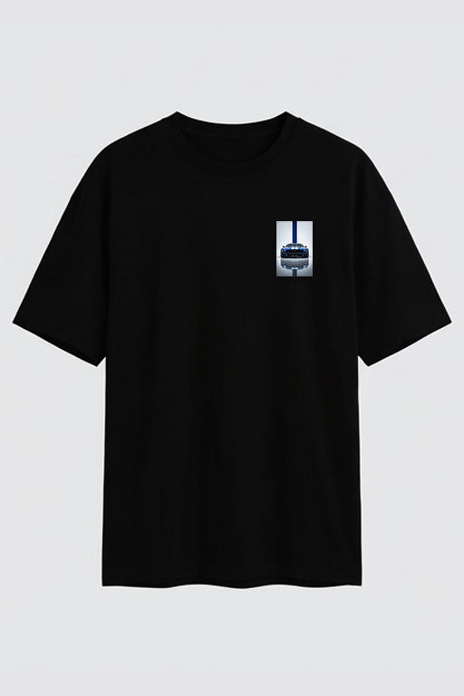 Back view of black oversized unisex T-shirt featuring a large blue Ford Mustang Shelby GT500 graphic print.