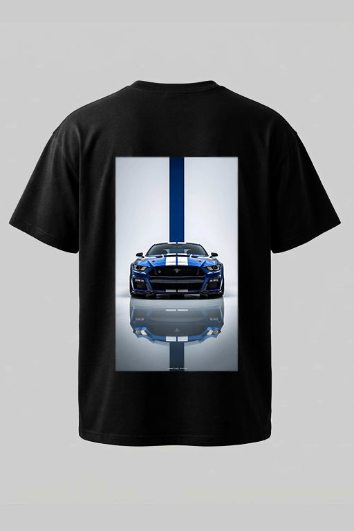 Front view of REYONA Ford Mustang Shelby GT500 graphic oversized unisex T-shirt featuring a blue Mustang chest print.