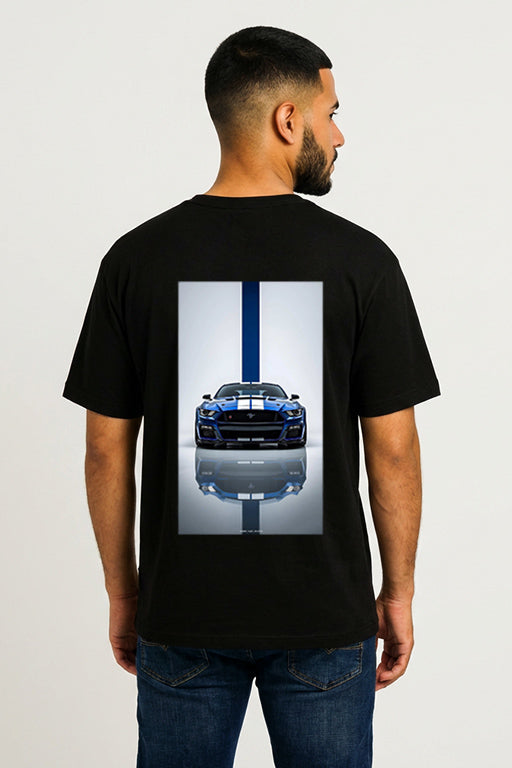 Male model wearing a black oversized Ford Mustang Shelby GT500 graphic T-shirt with a large back print.