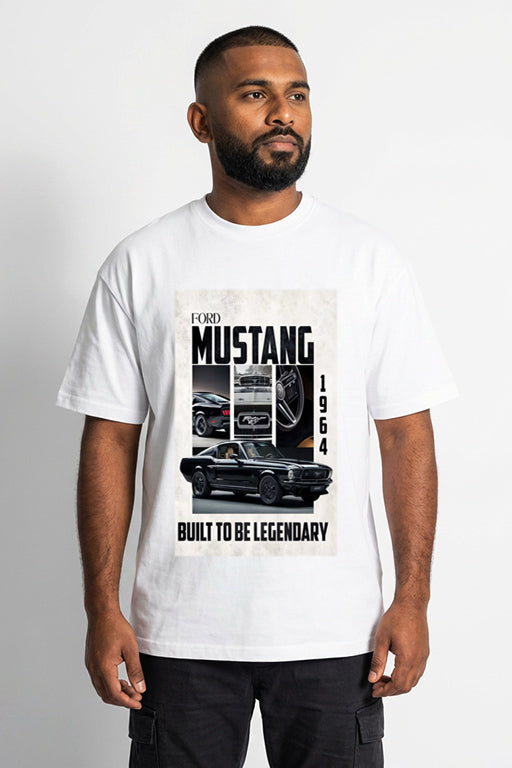 Male model wearing a white Ford Mustang vintage graphic T-shirt by REYONA.