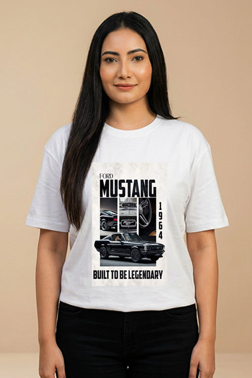 Female model wearing a white Ford Mustang graphic unisex T-shirt by REYONA.