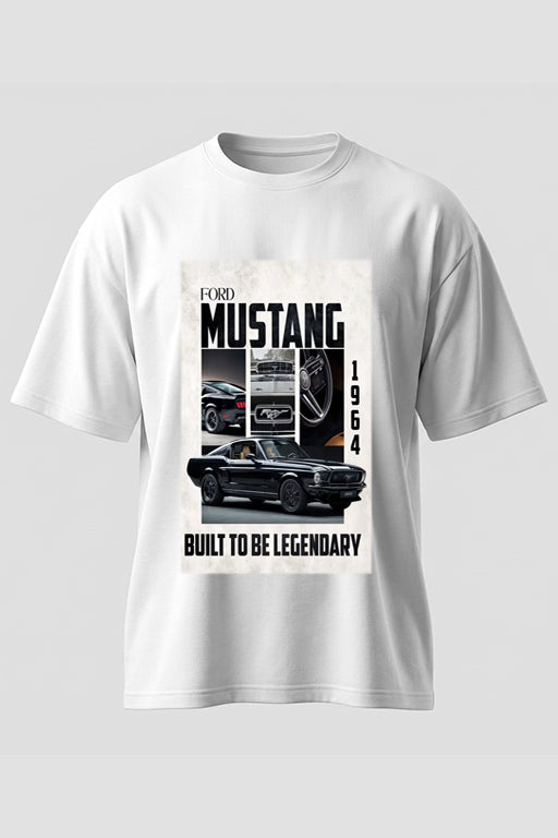 White unisex T-shirt featuring a vintage Ford Mustang graphic design on the front by REYONA.