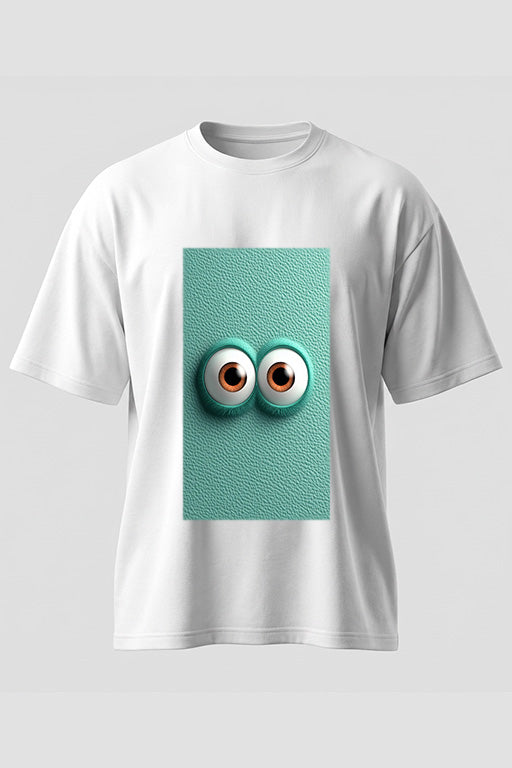 White oversized unisex T-shirt featuring a playful 3D eyes graphic on a turquoise background by REYONA.