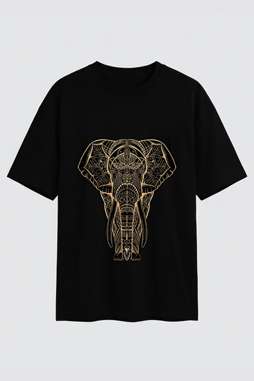 Black oversized unisex T-shirt featuring a detailed gold elephant graphic on the front by REYONA