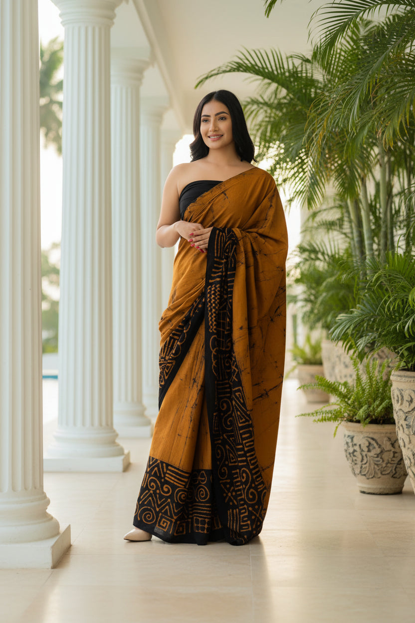 Handcrafted mustard cotton saree with black batik design