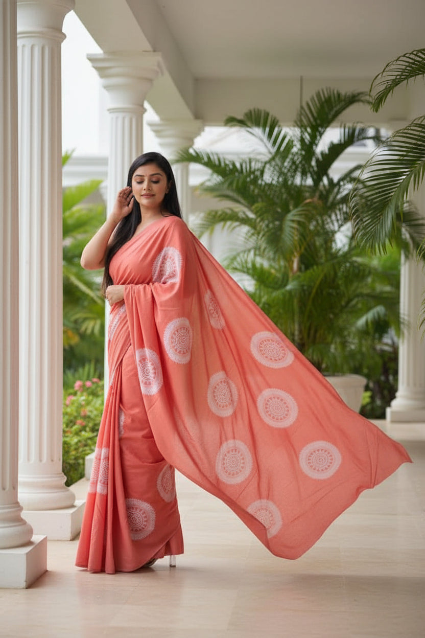 Handcrafted salmon pink cotton saree with batik patterns