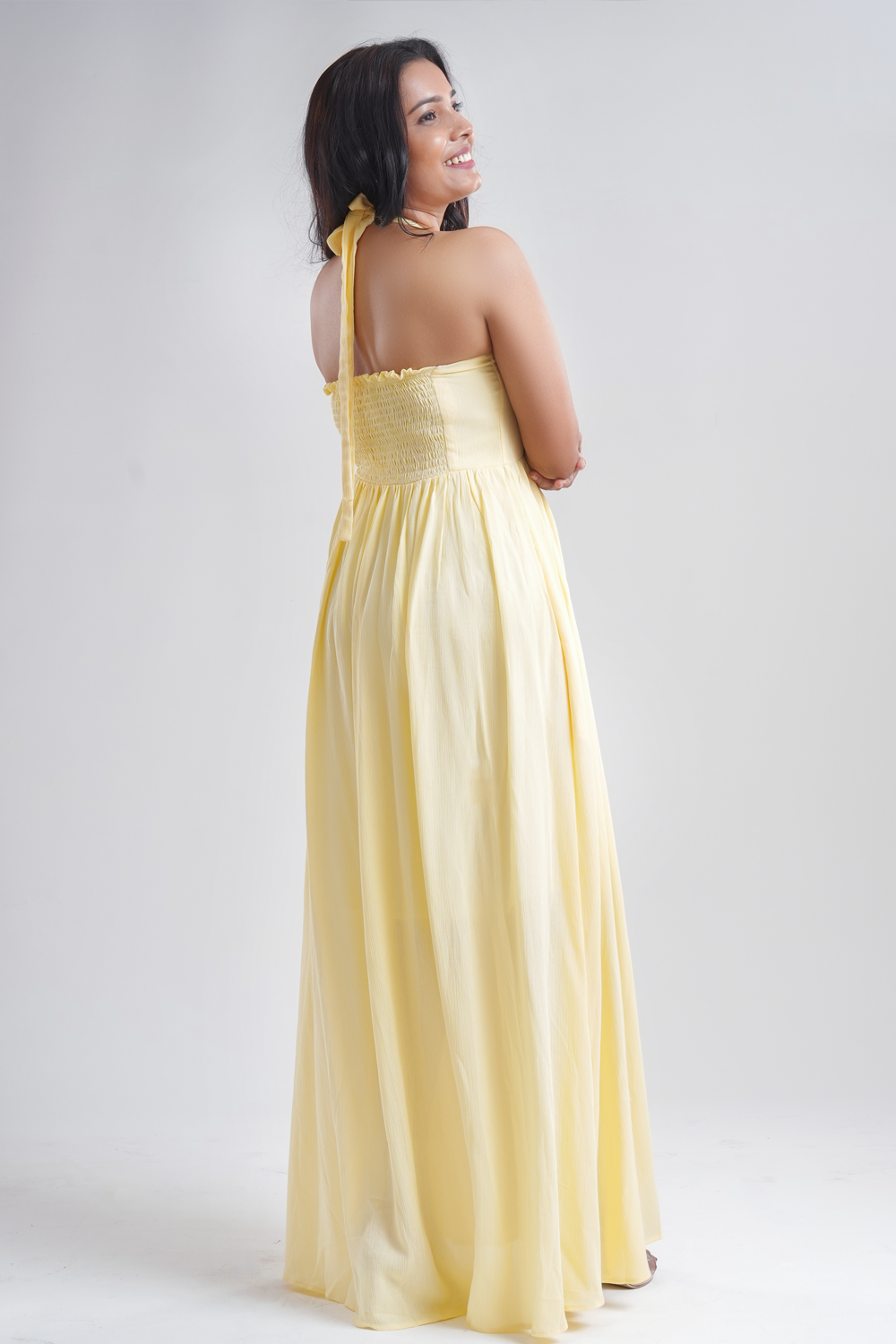 Lemon yellow Lily maxi dress with halter neck and flowy fit for women