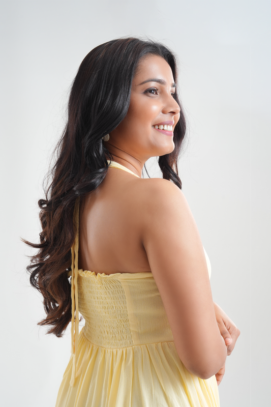 Lemon yellow Lily maxi dress with halter neck and flowy fit for women