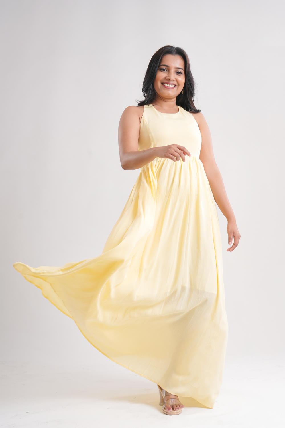 Lemon yellow Lily maxi dress with halter neck and flowy fit for women