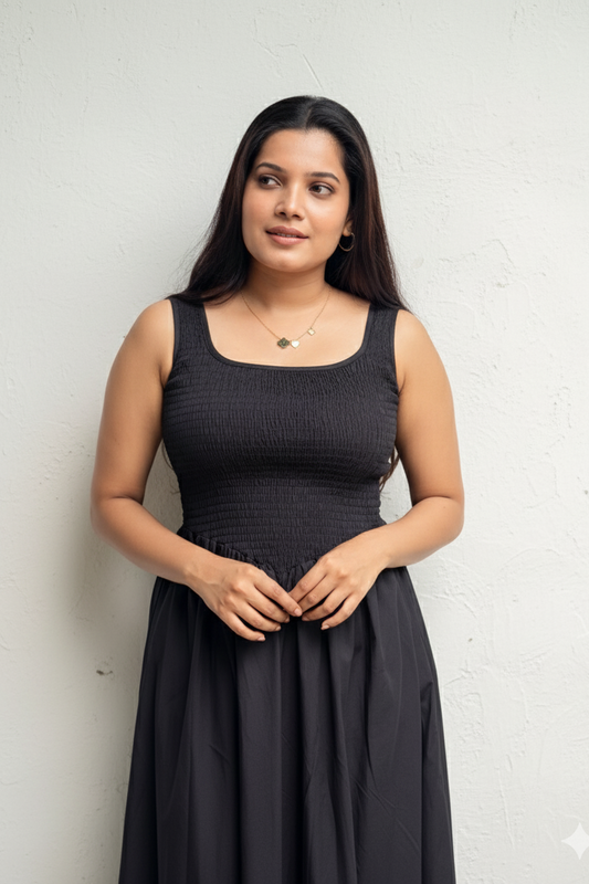 Lunara black smocked maxi dress for women RE-0149