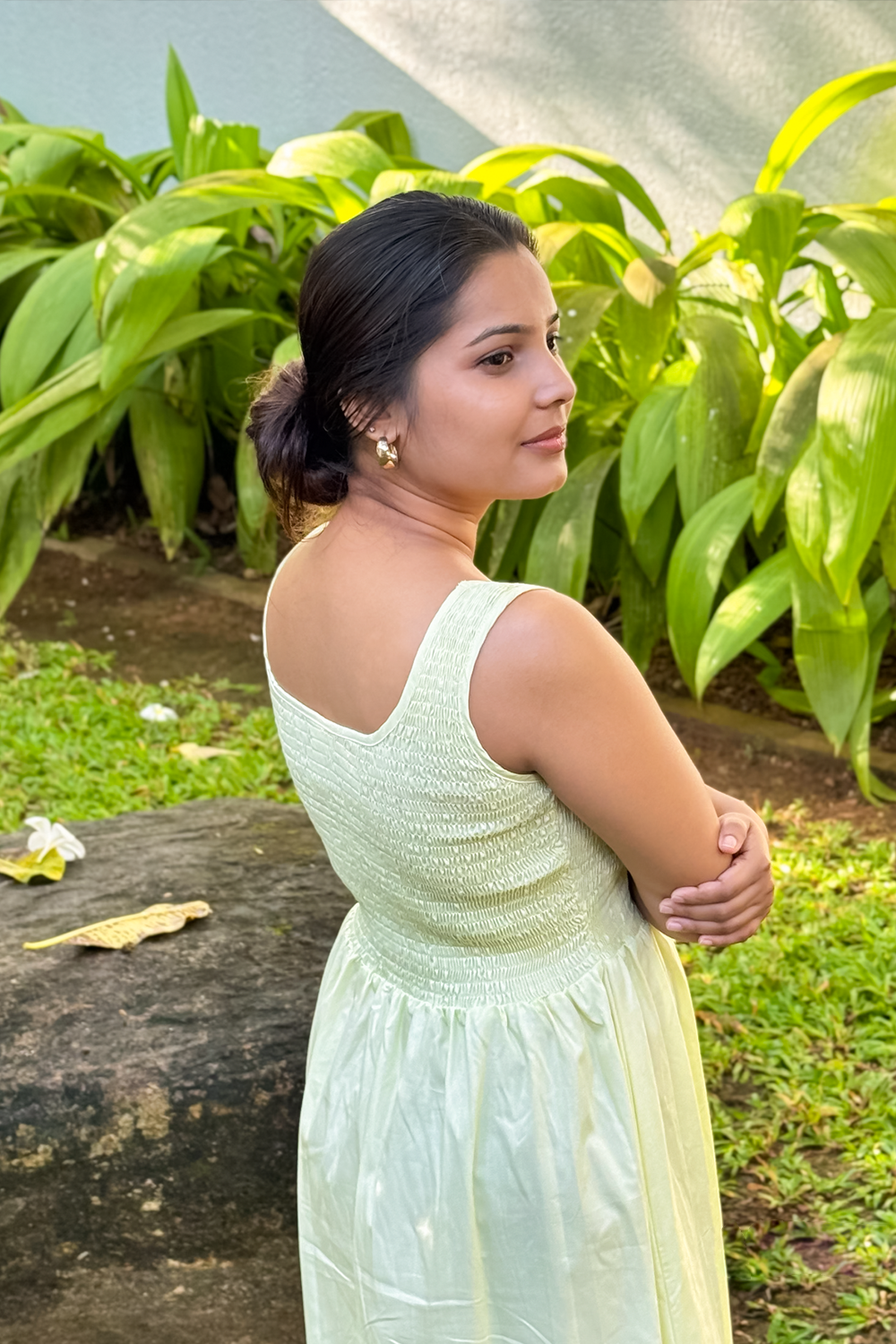 Lunara lemonade yellow smocked bodice maxi dress detail