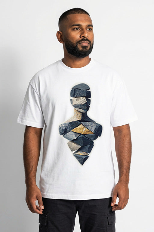 White oversized graphic T-shirt with modern abstract stone artwork for casual wear and streetwear.