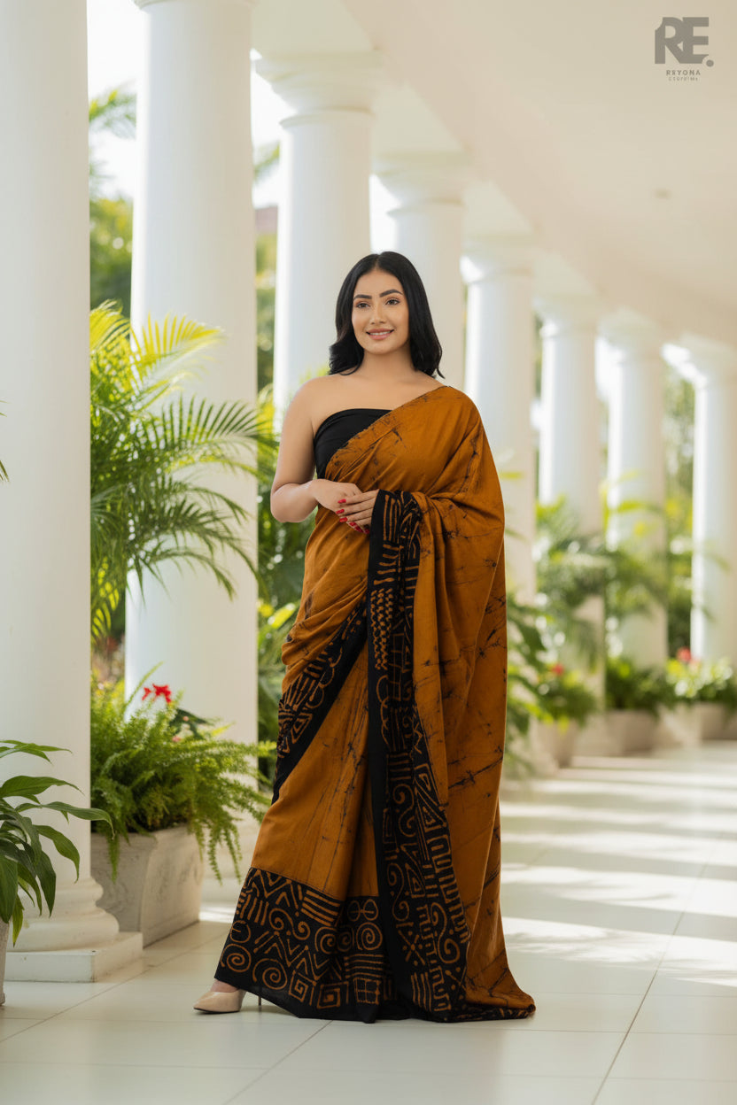 Mustard brown batik saree with black border for women