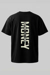 Oversized unisex black graphic T-shirt with large vertical typographic print on back – RE-0133