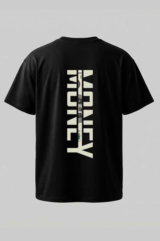 Oversized unisex black graphic T-shirt with large vertical typographic print on back – RE-0133