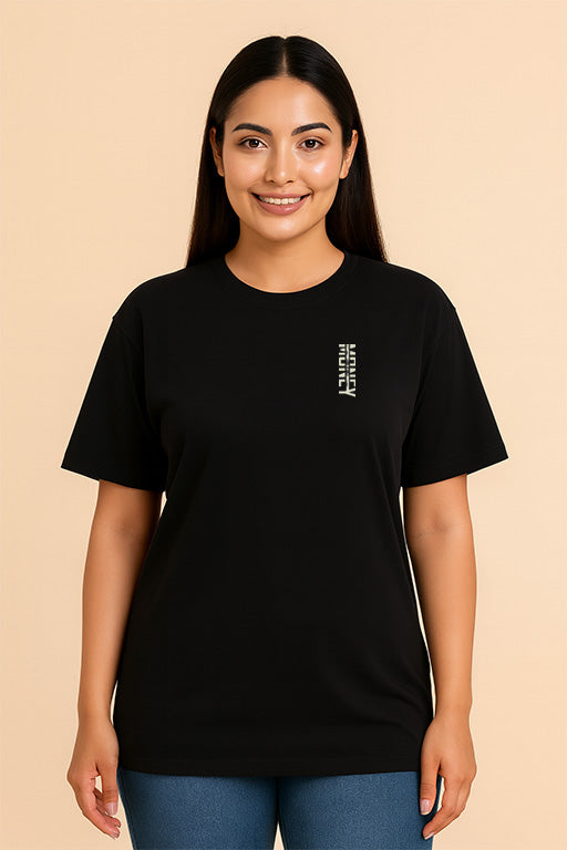 Oversized unisex black graphic T-shirt with small vertical typographic chest print worn by female model – RE-0133 Reyona Australia