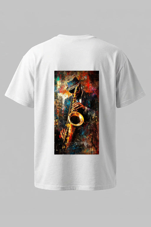 Oversized unisex white graphic T-shirt with large artistic saxophone player print on back – RE-0134