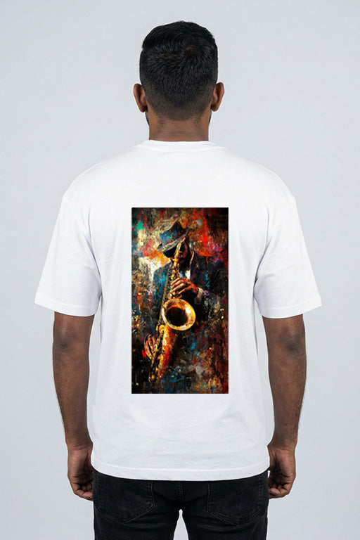 Oversized unisex white graphic T-shirt with large saxophone artwork on back worn by male model – RE-0134