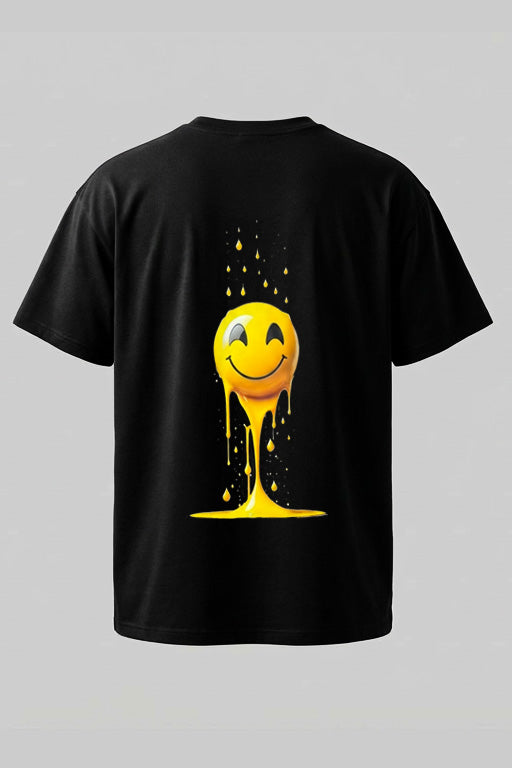 Oversized unisex black graphic T-shirt with large yellow melting smiley print on back – RE-0112