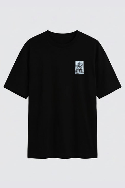 Oversized unisex black graphic T-shirt with large monochrome character print on back – RE-0119