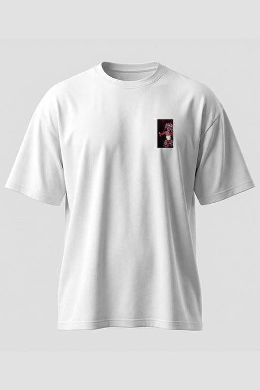 Oversized unisex white graphic T-shirt with small traditional character chest print – RE-0120
