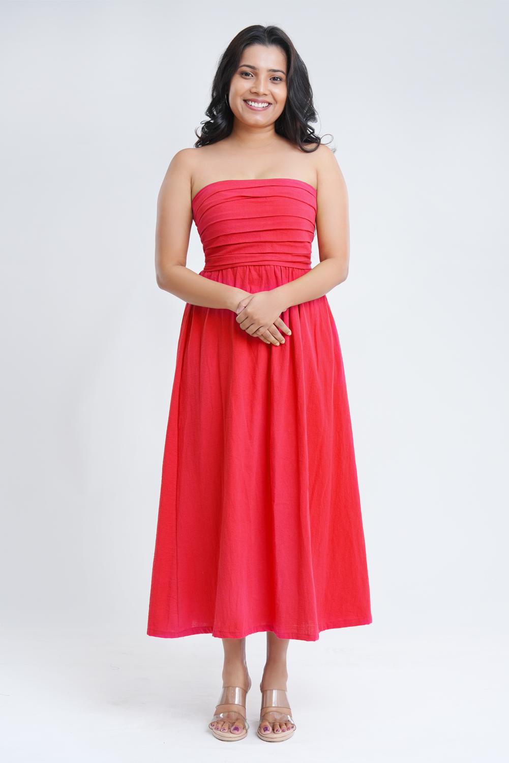 Princess Midi Dress – Dark Fuchsia Strapless Cotton Midi Dress | RE-0143