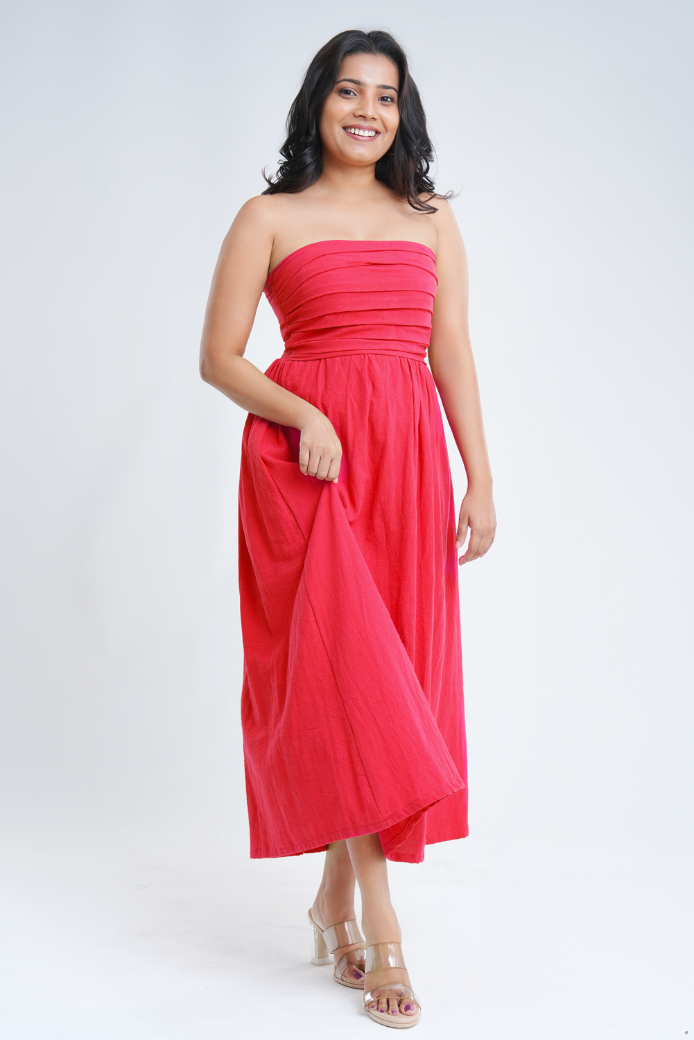 Dark fuchsia pleated cotton midi dress for women RE-0143