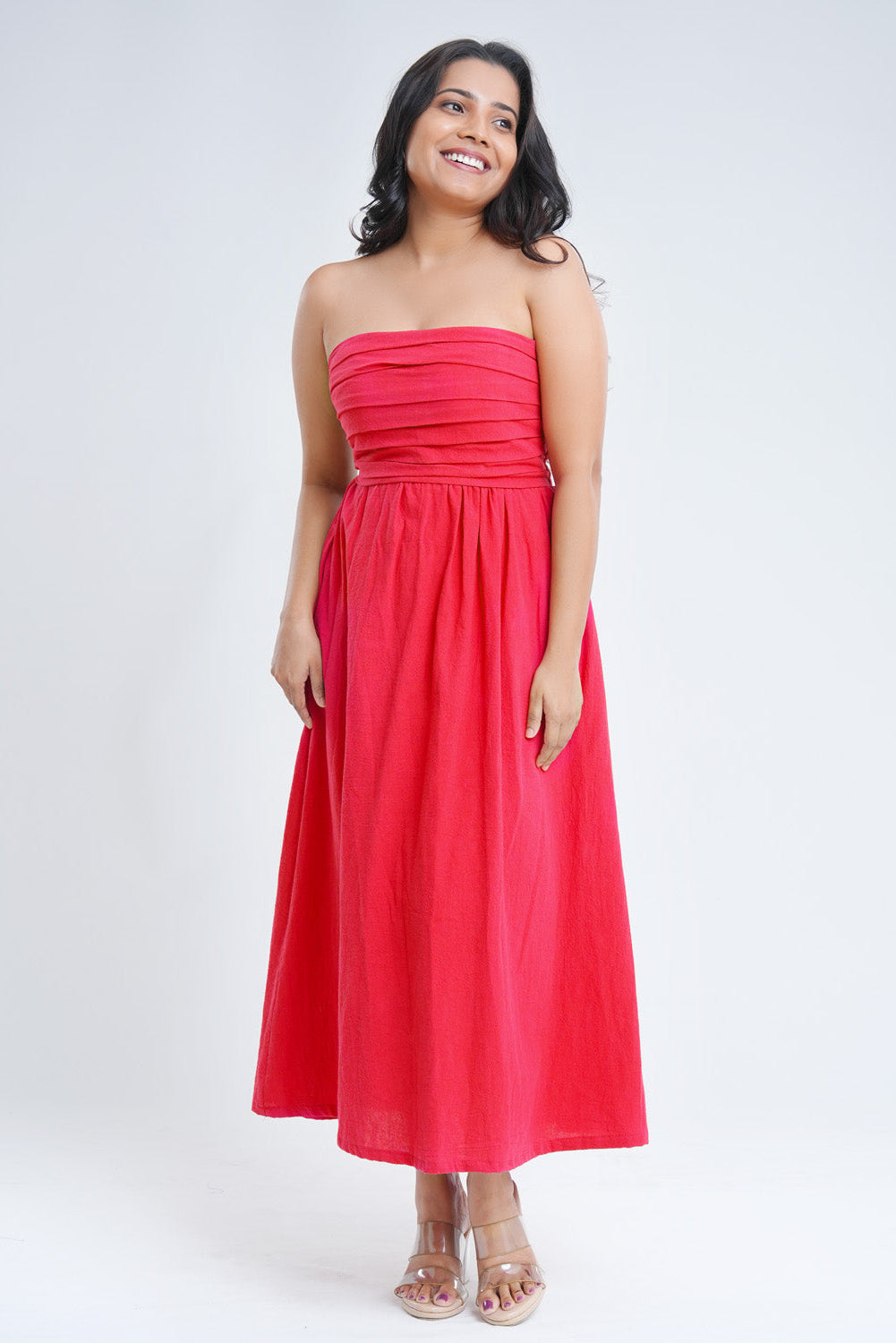 Princess dark fuchsia tube midi dress with pleated bodice