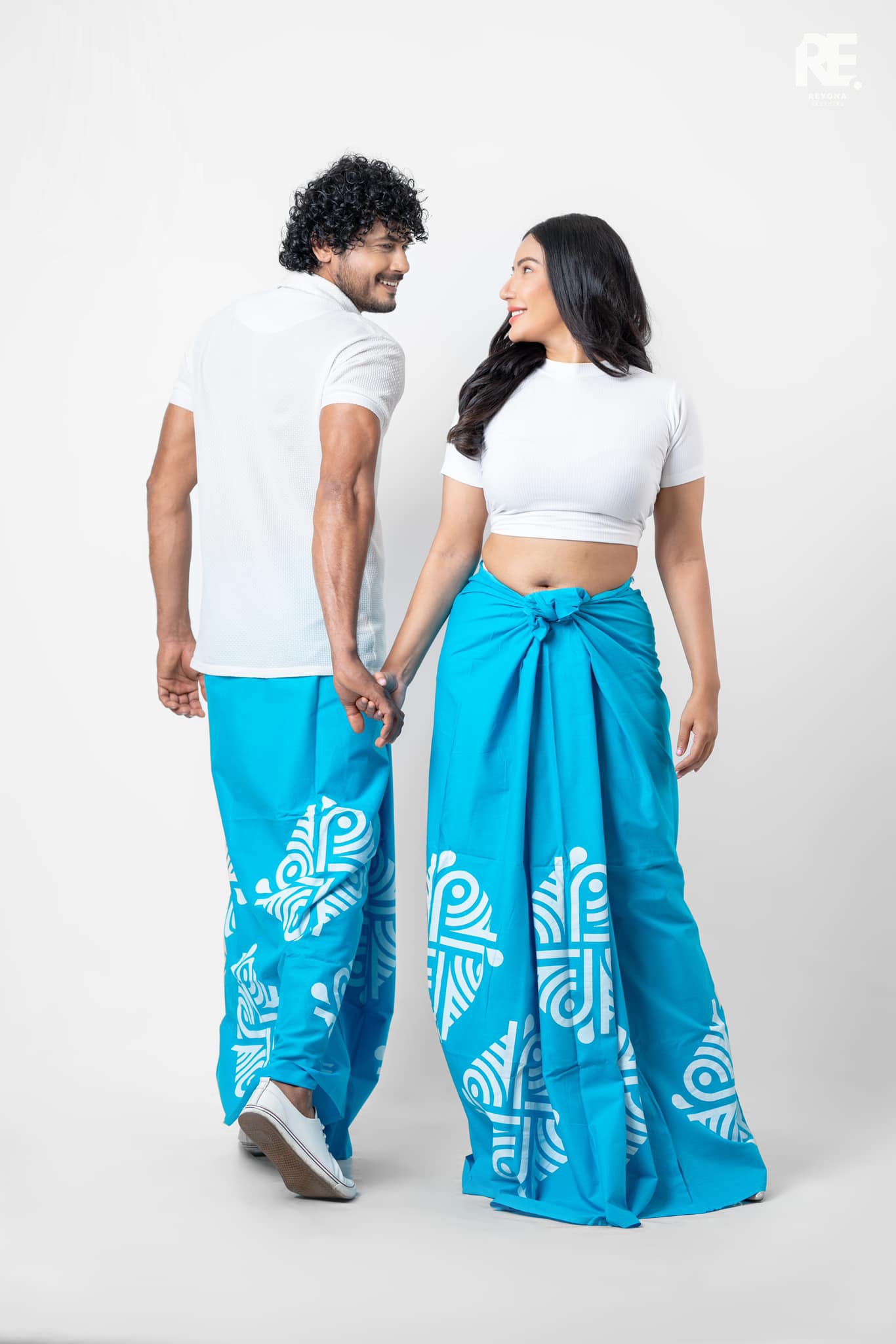 Sky blue cotton batik sarong with white traditional print