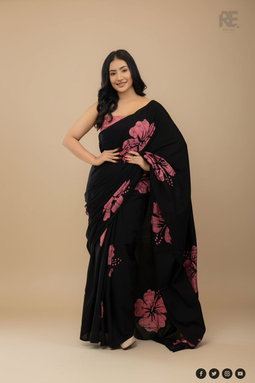 Elegant black and pink batik saree for women – Reyona ethnic collection