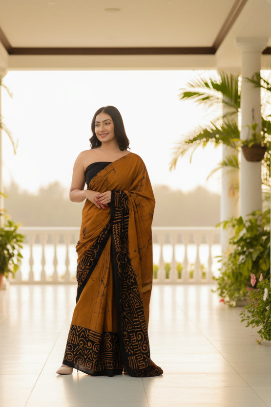 Elegant mustard brown batik saree for women – Reyona ethnic wear
