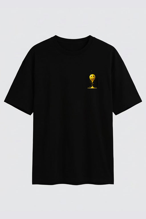 Oversized unisex black graphic T-shirt with small yellow printed design on chest – RE-0112