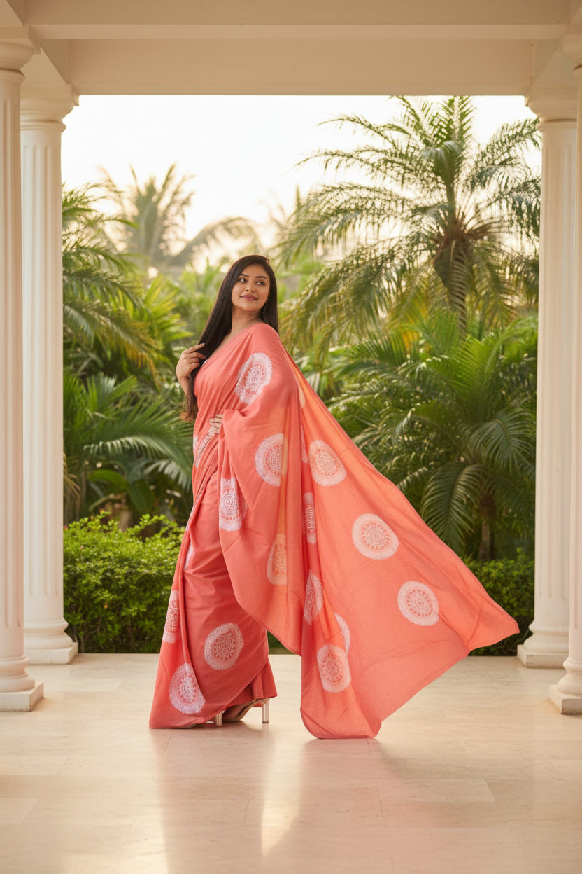 Salmon pink batik saree with white circular motifs for women