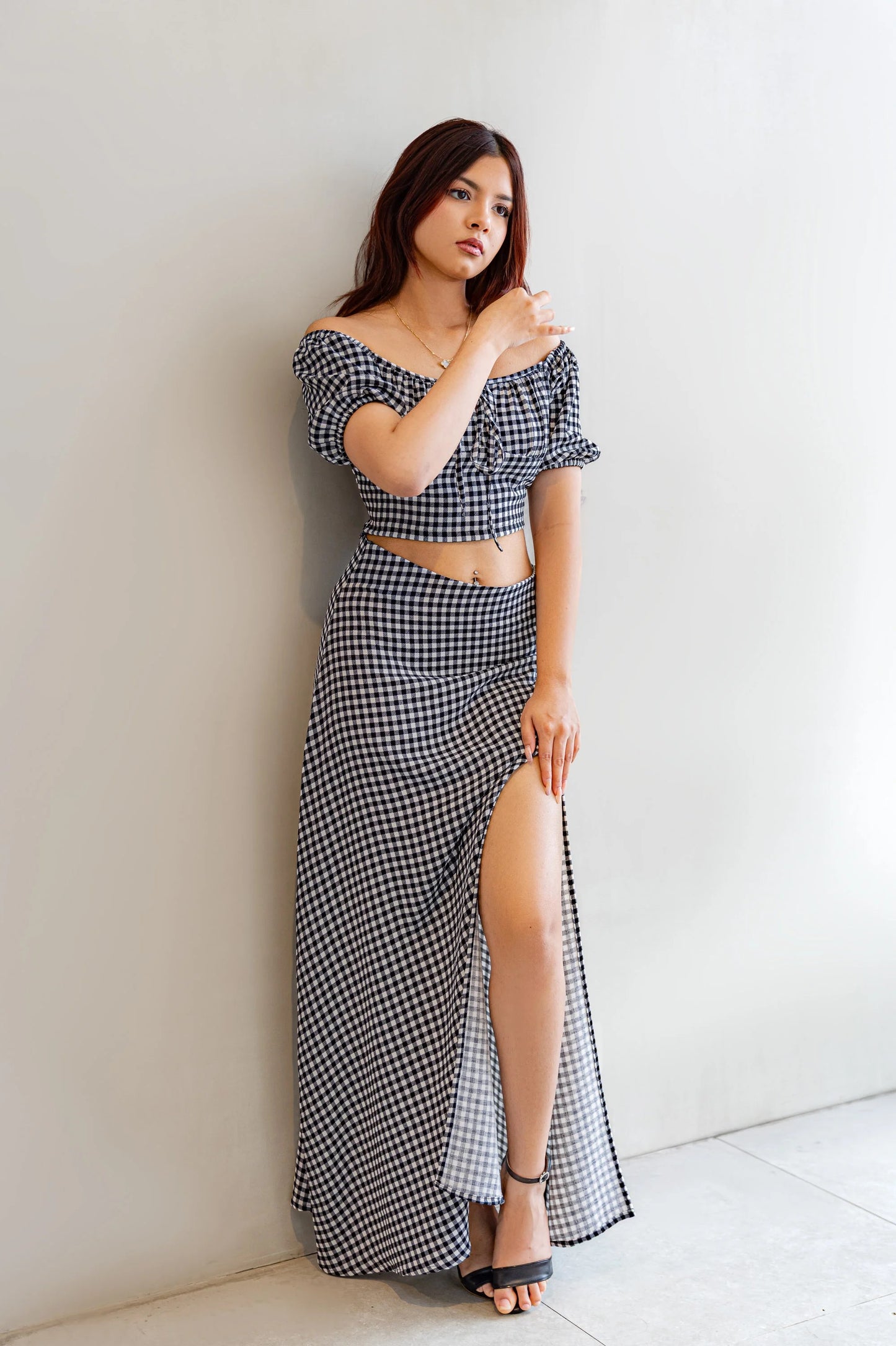 Black and white check SERAC co ords off shoulder cotton set
