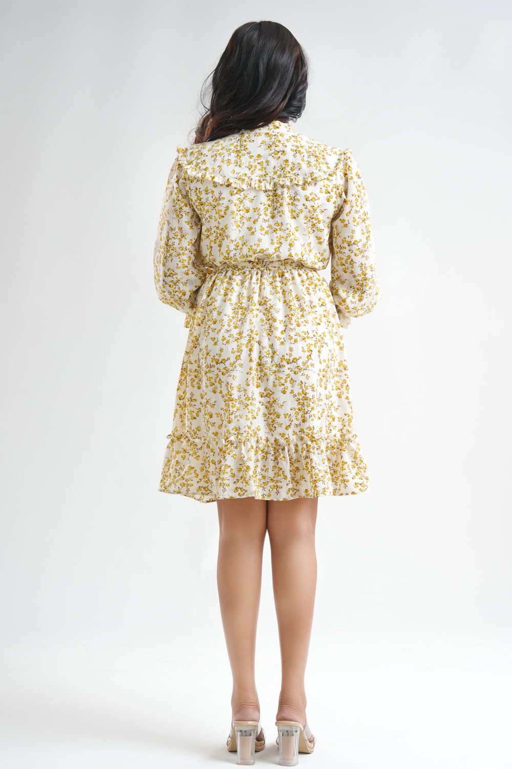 Shelly beige floral mini dress back view
