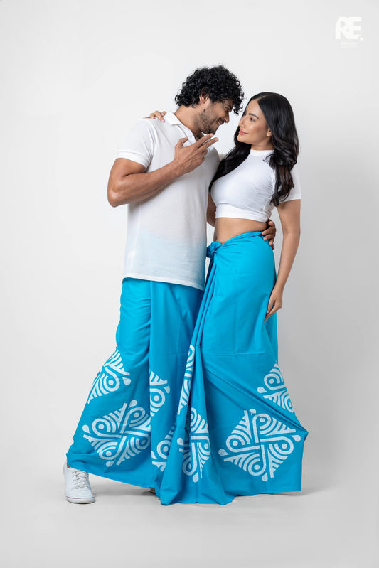 Printed unisex batik sarong and lungi in sky blue cotton