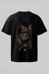 Black oversized unisex T-shirt featuring a large vintage watch and mechanical gears graphic on the back by REYONA.