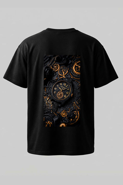 Black oversized unisex T-shirt featuring a large vintage watch and mechanical gears graphic on the back by REYONA.