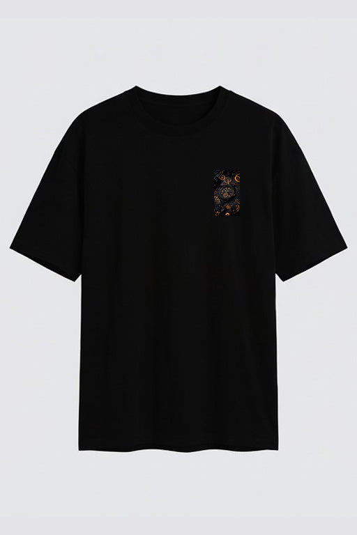 Front view of black oversized unisex graphic T-shirt featuring a vintage mechanical watch design on the chest by REYONA.