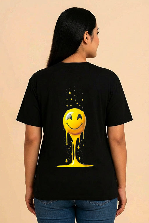 Oversized unisex black graphic T-shirt with large yellow melting smiley print on back – RE-0112