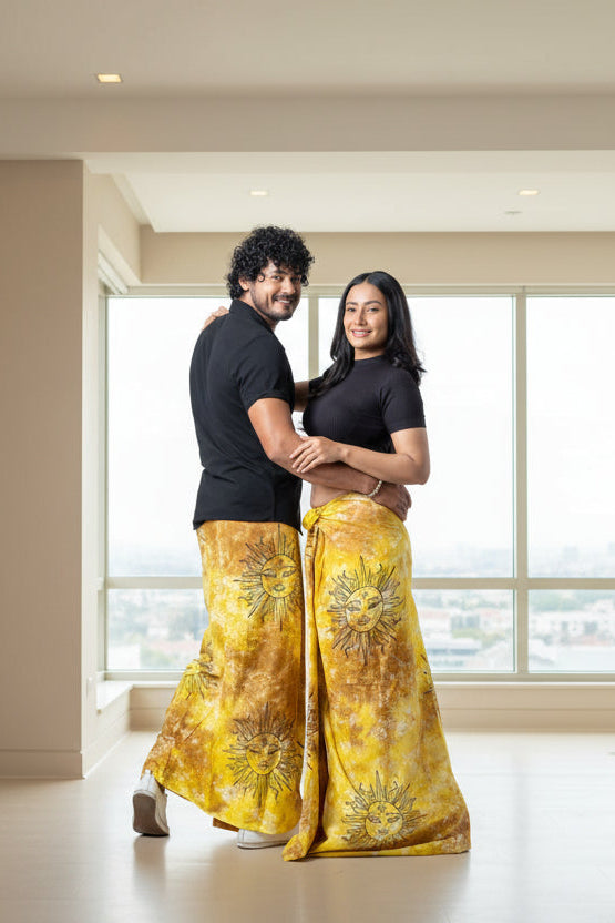 Unisex cotton batik sarong with sun motif design
